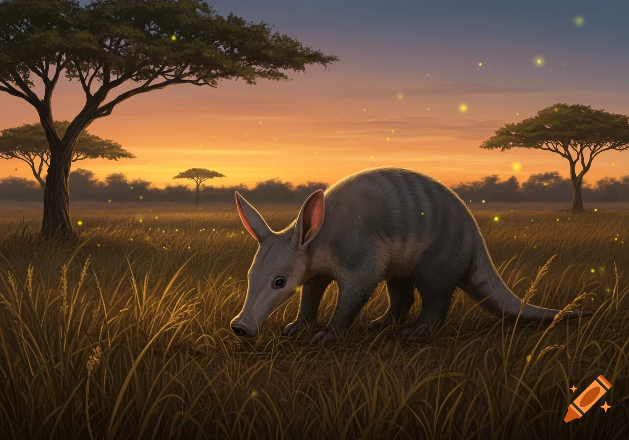 An aardvark sniffs the ground in a golden savanna at sunset, with distant acacia trees and glowing specks.