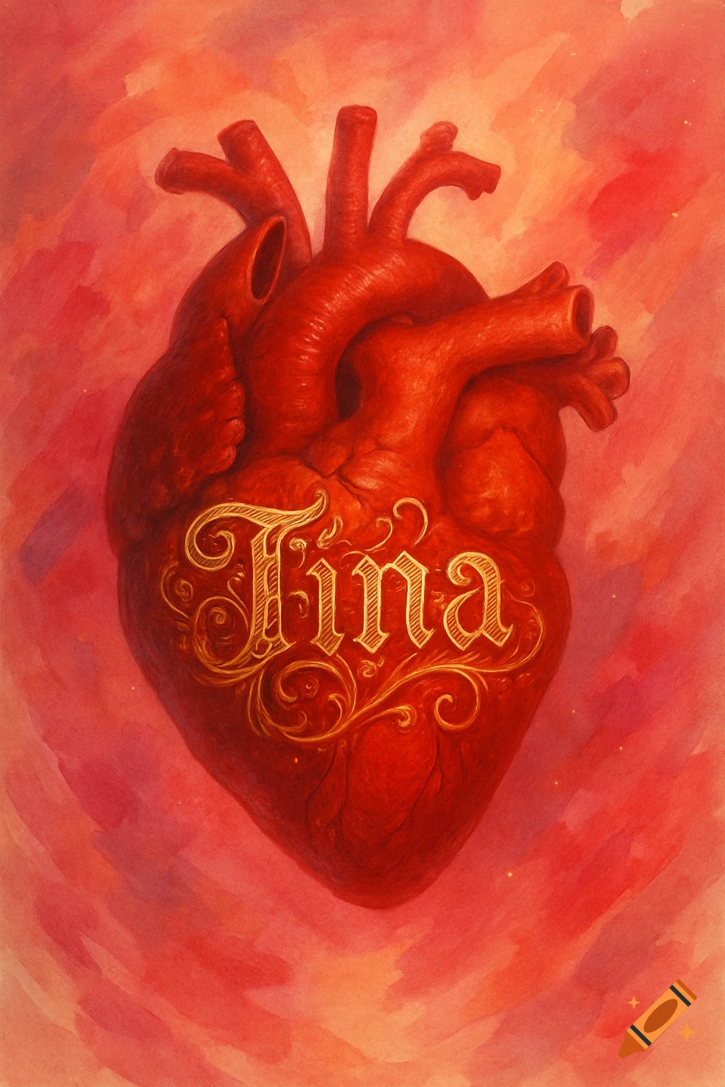 A stylized red anatomical heart with the name 'Tina' intricately embossed in gold script on its surface, against a reddish-orange watercolor background.