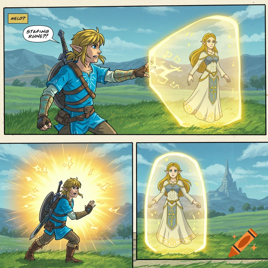 Link casts a glowing, square force field around Zelda in a comic book panel style. Link is in his blue tunic, and Zelda wears a white and gold dress, standing in a green field with mountains.