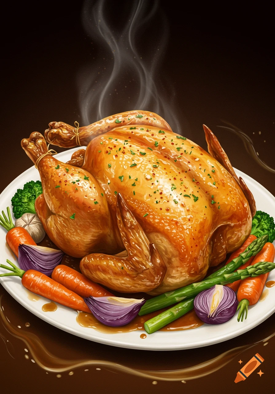 A steaming, golden-brown roasted whole chicken on a white platter, garnished with carrots, asparagus, broccoli, garlic, and red onions.