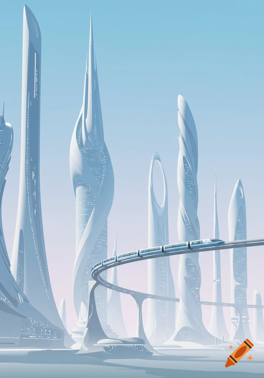 A sleek, stylized futuristic city with tall white spires and a monorail traversing the sky against a pale blue and pink sky.