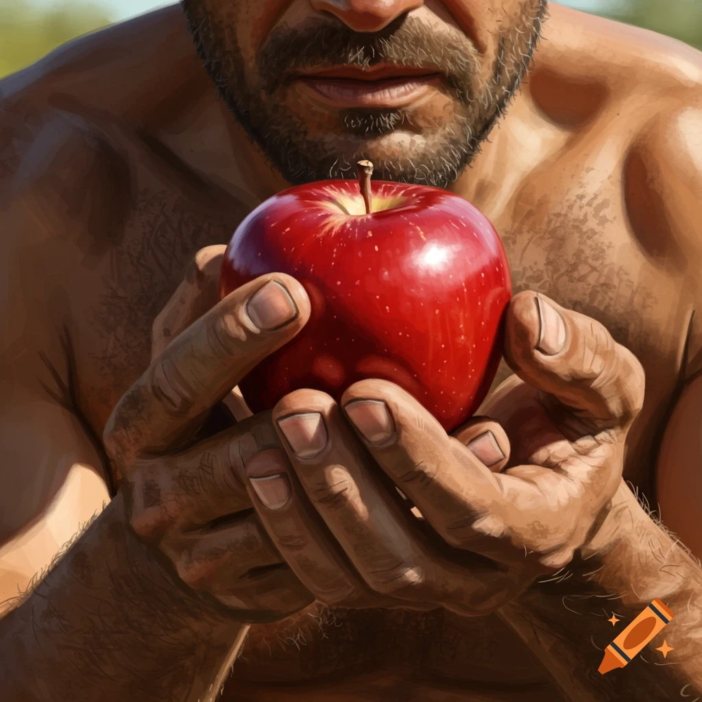 Close-up of a bearded, shirtless man holding a bright red apple in his hands, painted style.