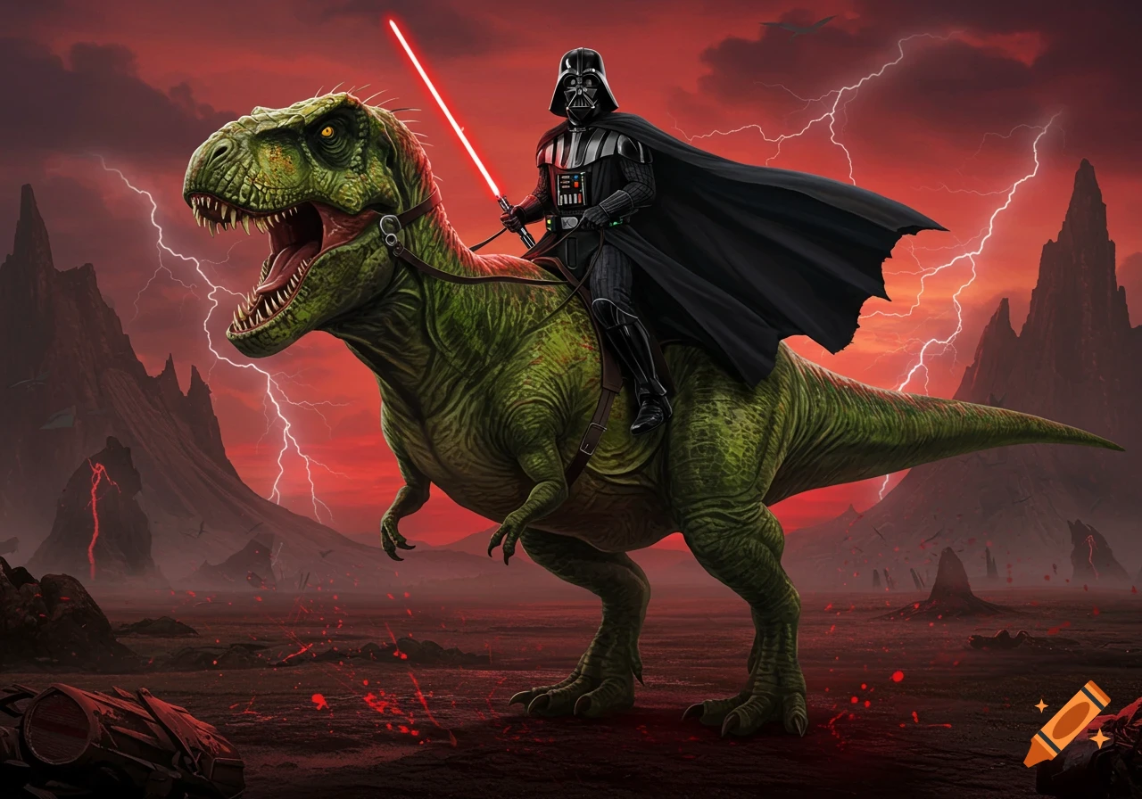 Darth Vader rides a green T-Rex across a volcanic landscape under a red, lightning-filled sky in a dramatic illustration.