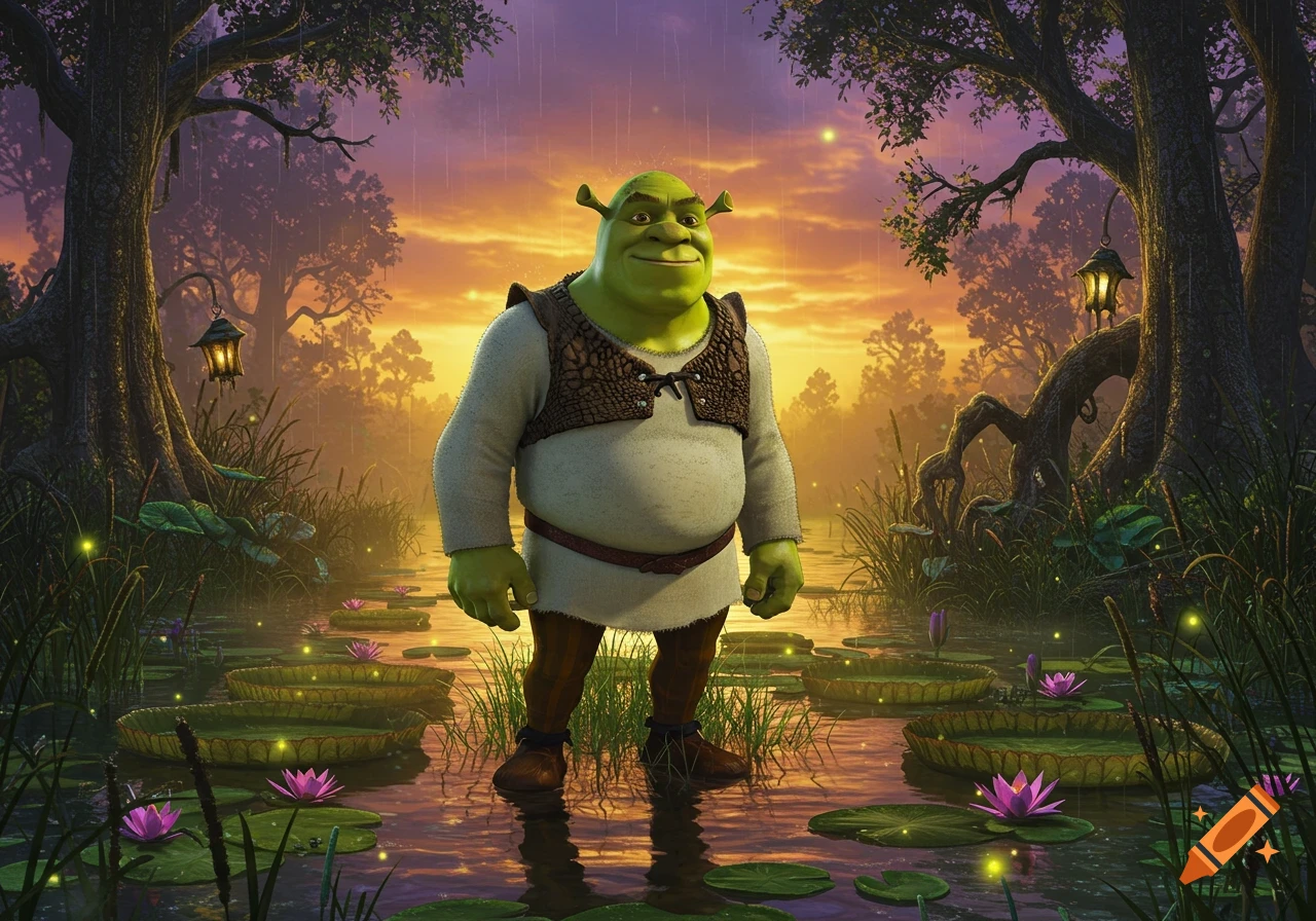 Shrek stands in a magical swamp with lily pads and glowing fireflies under a purple and orange sky.