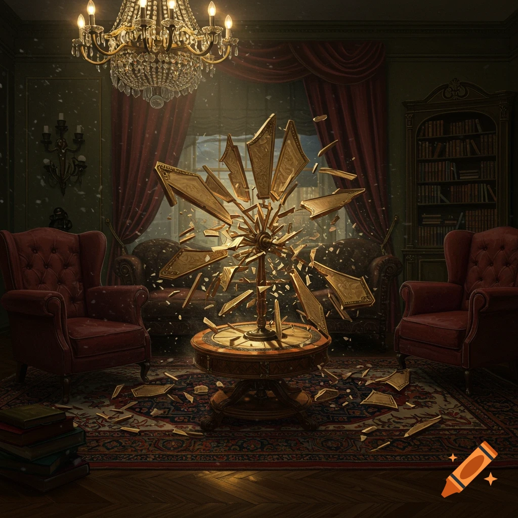 A golden zoetrope shatters into pieces in an ornate, dimly lit Victorian room with a chandelier, armchairs, and bookshelves.