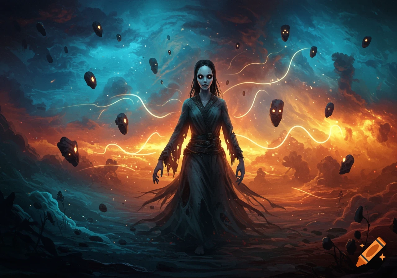 A ghostly figure with white eyes stands in a desolate landscape under a fiery orange and blue sky, surrounded by floating, glowing skull-like entities and ethereal light trails.