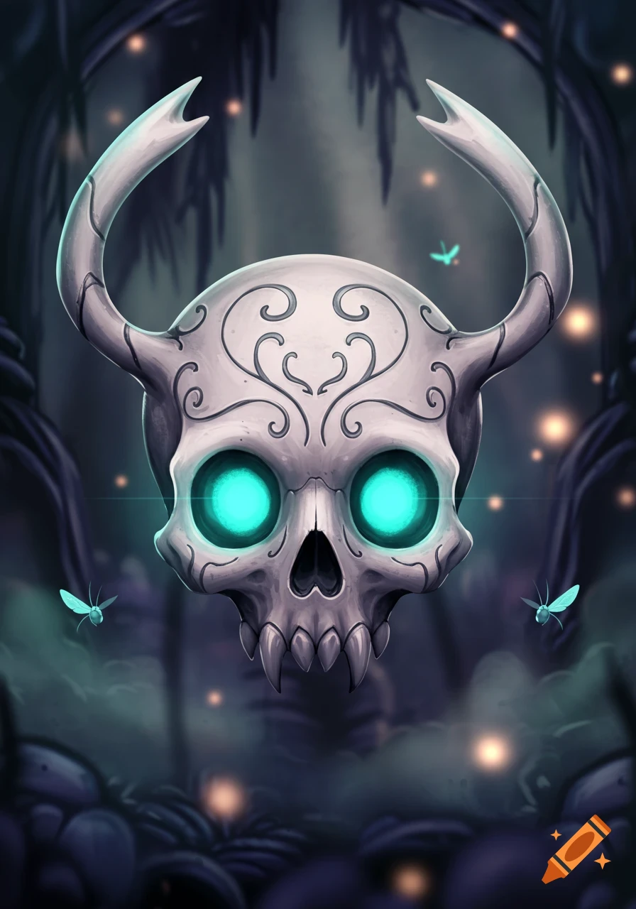Stylized horned skull with glowing turquoise eyes and ornate patterns, floating in a dark, misty fantasy forest with fireflies, Hollow Knight style.
