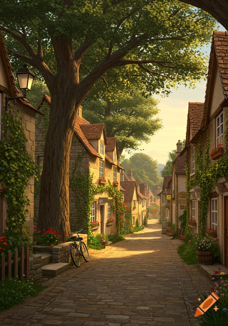 A sunlit cobblestone street winding through a charming village with stone houses, lush green trees, climbing vines, and a bicycle parked.