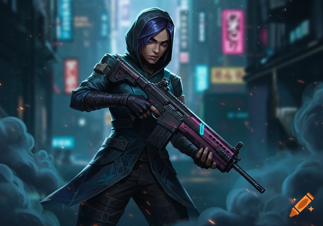A stylized female character in a hooded cloak holds a futuristic rifle in a neon-lit cyberpunk city street.