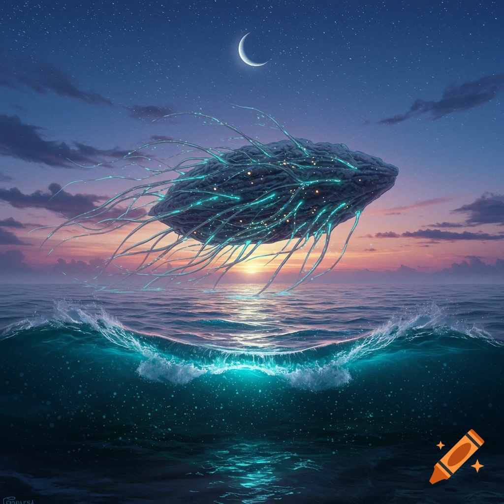 A glowing, brain-like alien vessel with tendrils floats above a vibrant ocean at sunset, with a crescent moon and stars in the night sky.