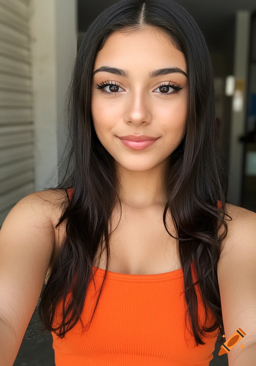 A close-up photorealistic selfie of a beautiful young Hispanic woman with long dark hair, wearing an orange crop top.