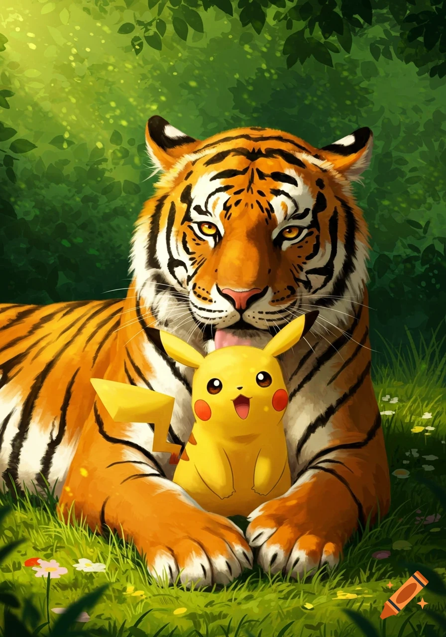An illustrative image of a large tiger lying in lush green grass, gently licking a small, happy Pikachu.
