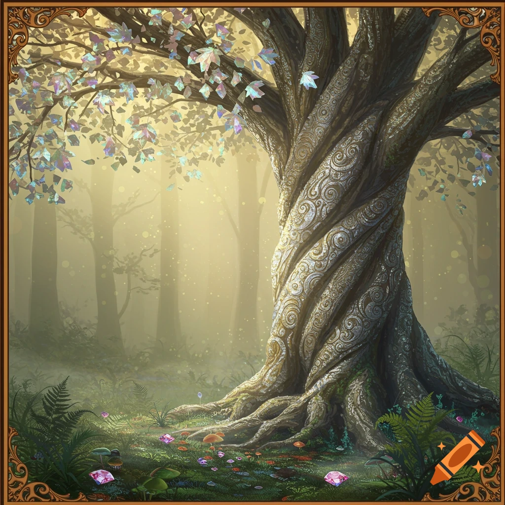 A fantastical, ancient tree with intricate, swirling bark and shimmering crystal leaves in a misty, magical forest with glowing gems.