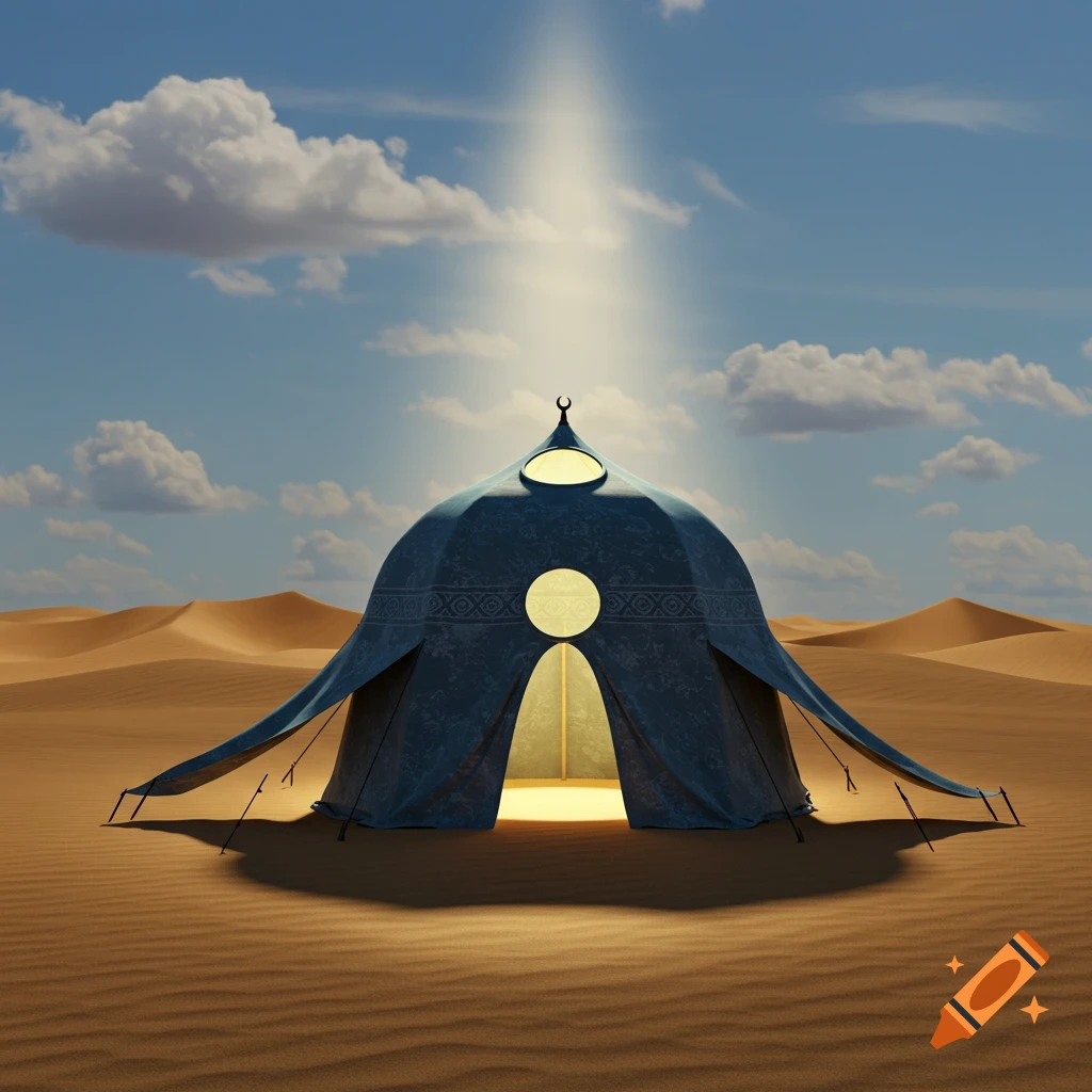 A domed blue tent with an open doorway glows from within, under a beam of light from a cloudy sky, in a vast desert landscape.