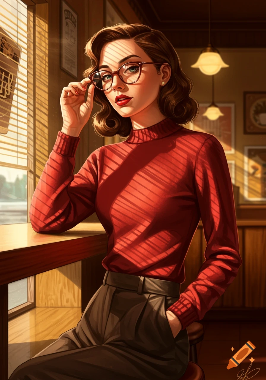A stylish 1950s woman in a red sweater and slacks sits at a wooden counter, adjusting her glasses in an illustrative style.
