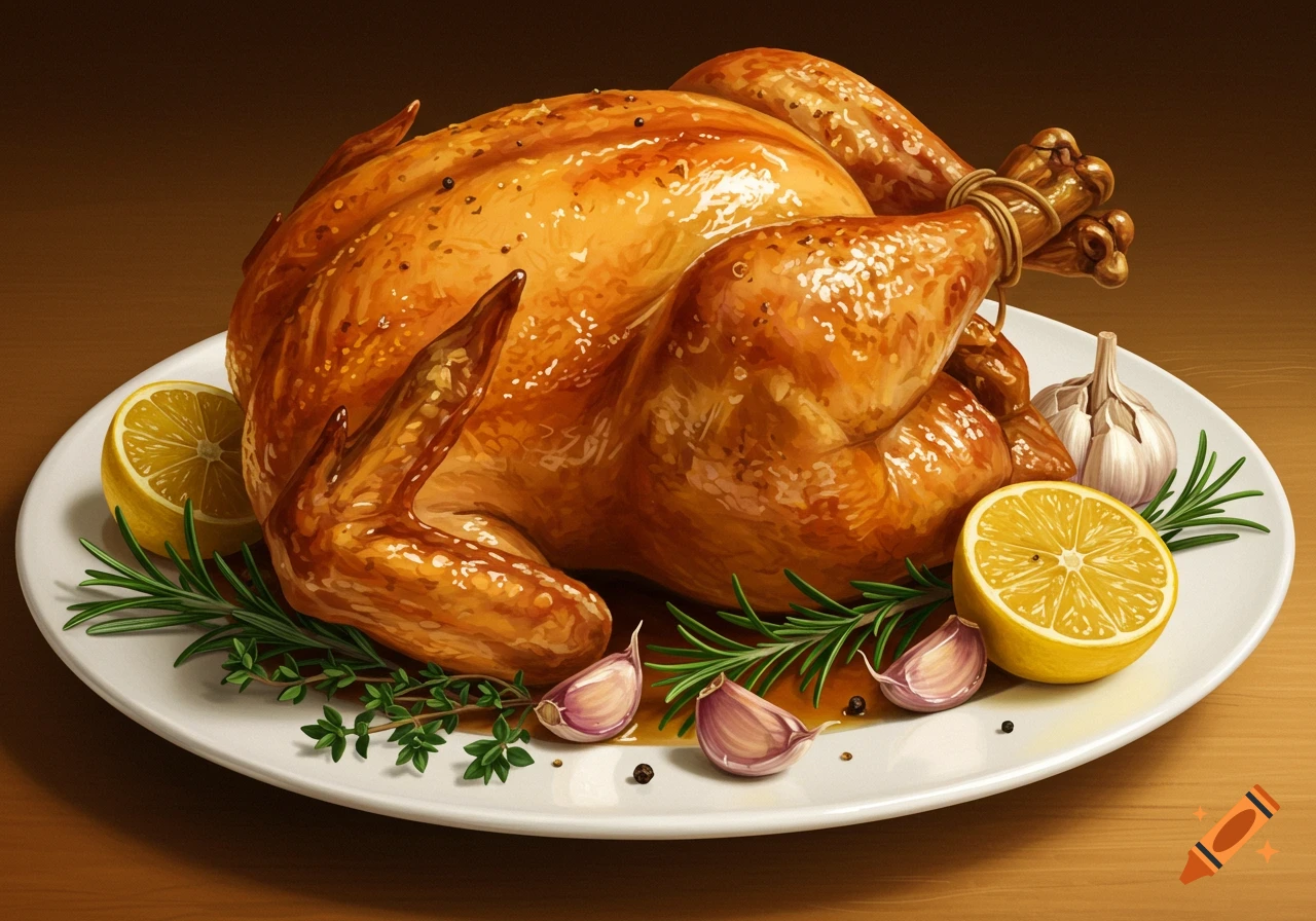 A glistening, golden-brown roasted chicken is presented on a white plate, garnished with fresh rosemary, lemon halves, and garlic cloves.