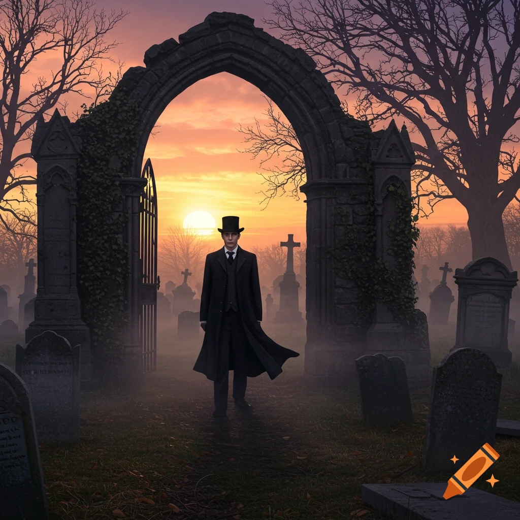 A man in a top hat and black coat stands in a foggy cemetery at sunset, framed by a ruined stone archway.