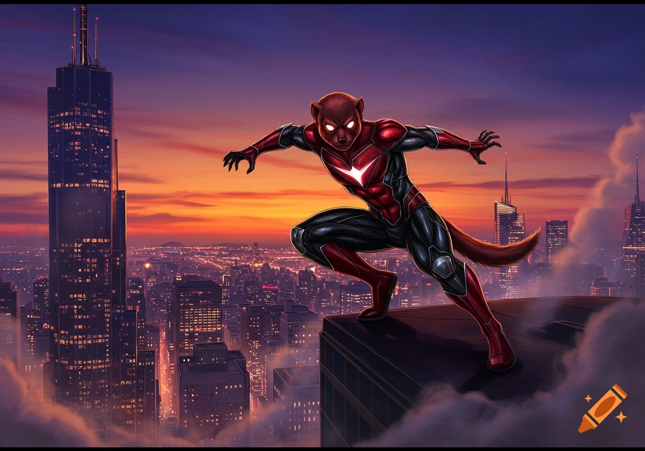A weasel superhero in a red and black suit crouches on a skyscraper ledge, overlooking a sprawling city at sunset.