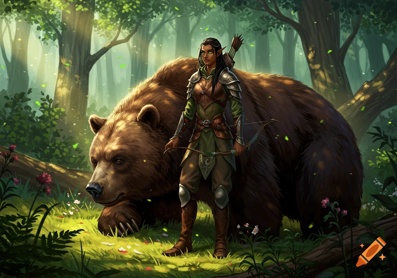 A female half-elven ranger with a bow stands beside a large brown bear in a sunlit fantasy forest. Digital painting.