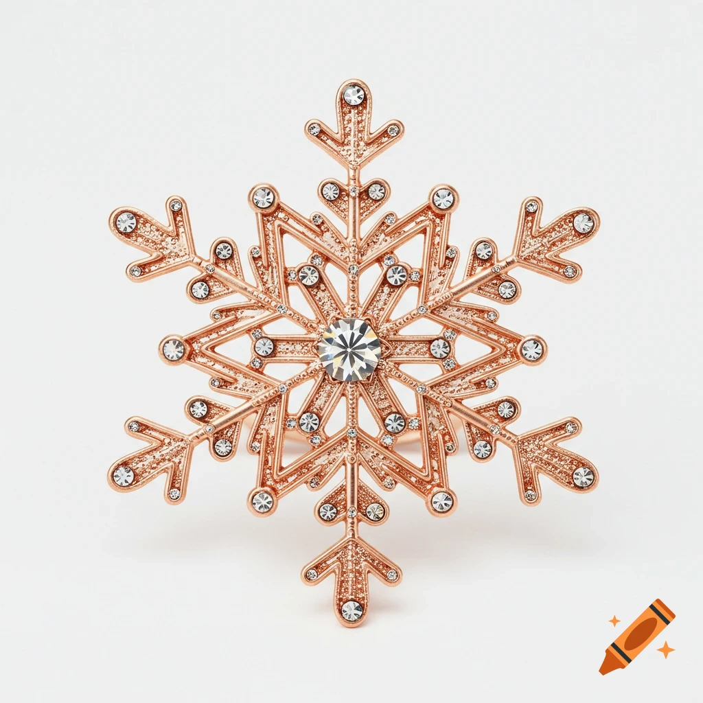 A detailed rose gold snowflake decoration adorned with sparkling crystals on a white background.