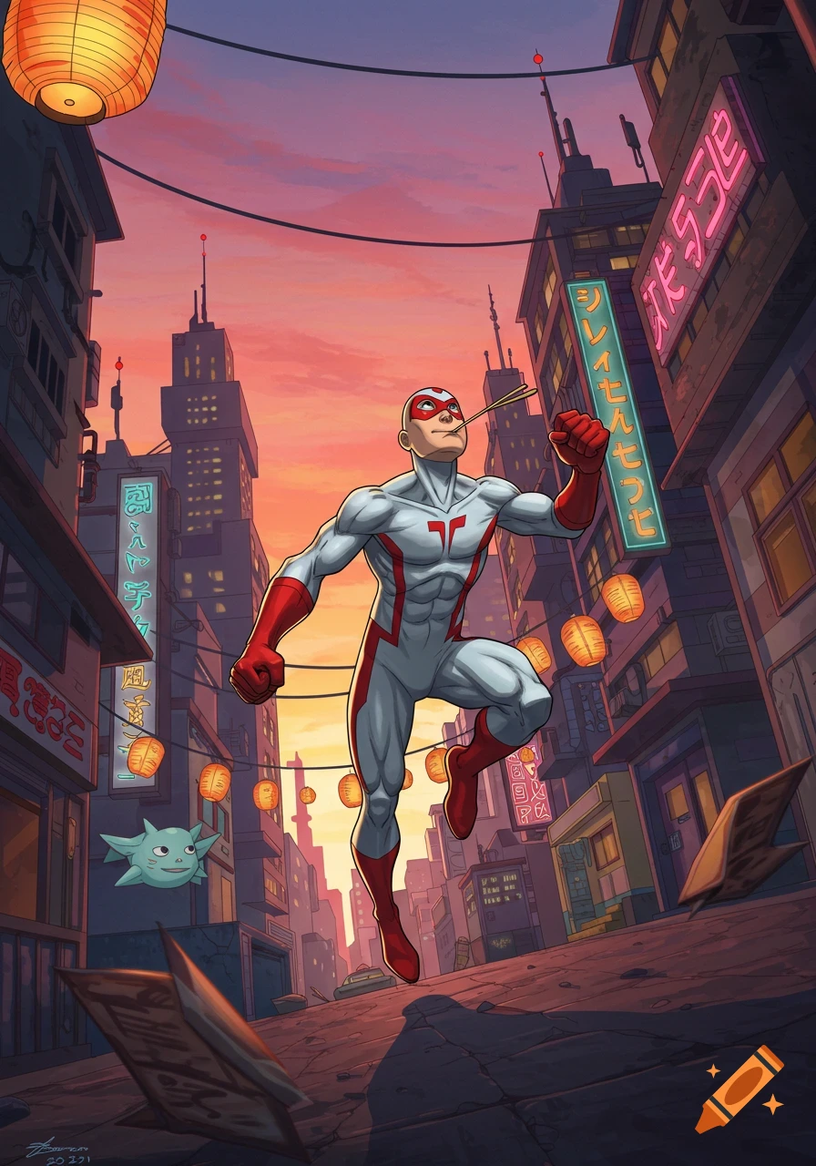 A bald superhero in a red and white suit with chopsticks in his mouth jumps through a vibrant futuristic city at sunset.