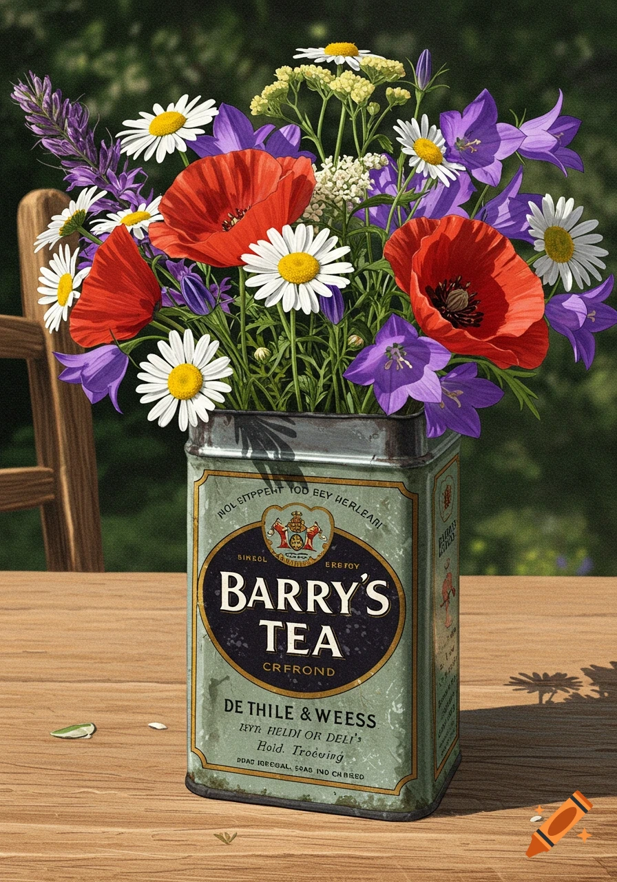 A vintage drawing of wild Irish flowers, including poppies, daisies, and bellflowers, arranged in a "Barry's Tea" tin on a wooden table outdoors.