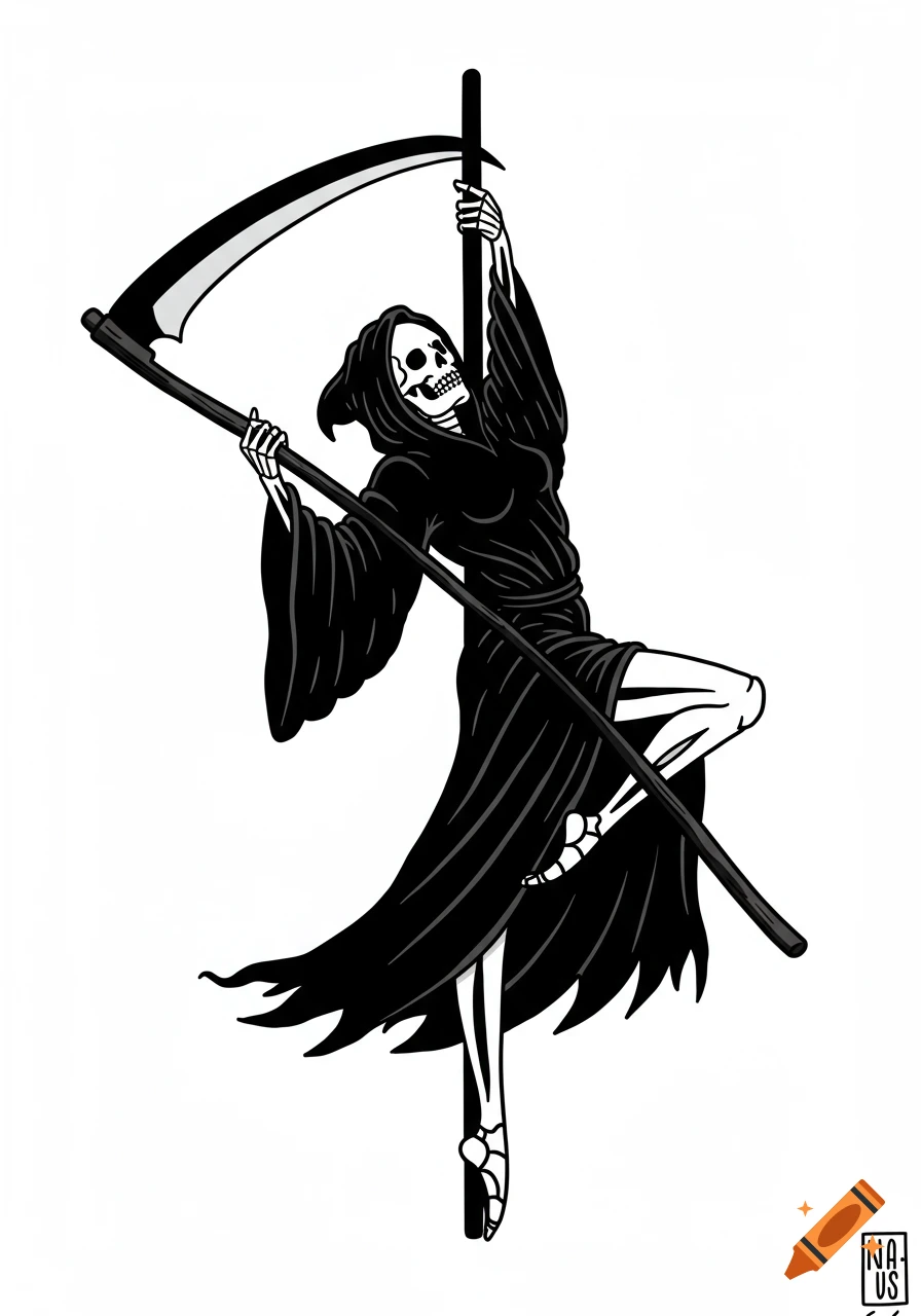 Black and white illustration of a skeleton Grim Reaper pole dancing with a scythe.