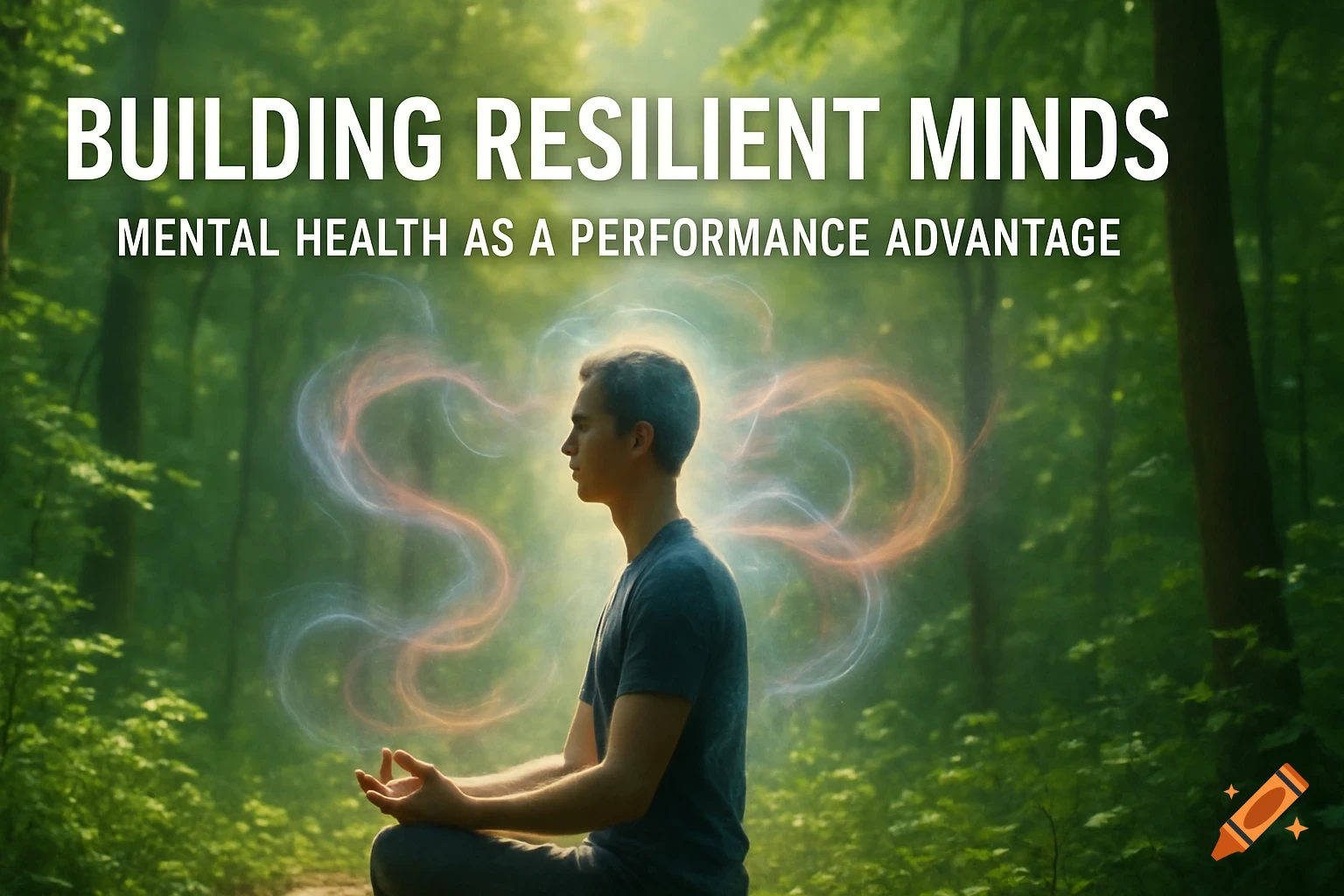 A man meditates in a vibrant forest with glowing energy around him, overlayed with the text 'BUILDING RESILIENT MINDS: MENTAL HEALTH AS A PERFORMANCE ADVANTAGE'.
