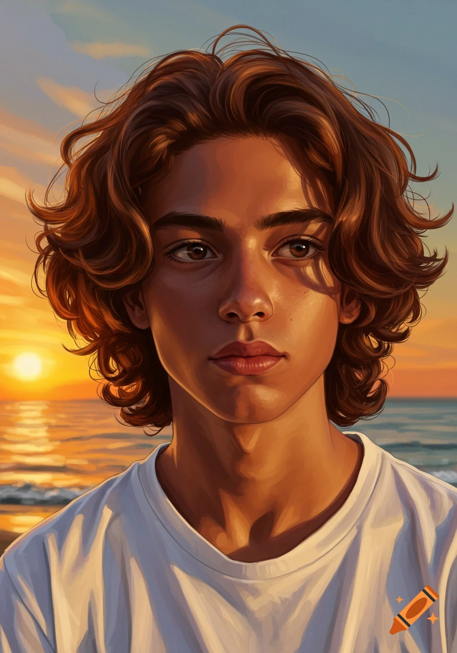 Digital painting of a teenage boy with longish brown hair and tanned skin, standing on a beach at sunset.