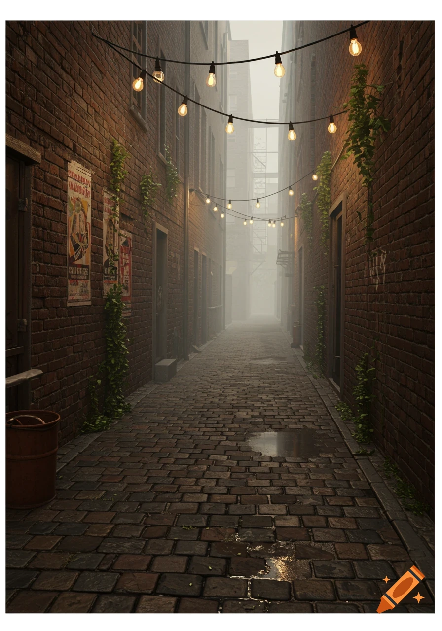 A misty old city alleyway at dusk, lined with brick buildings, cobblestone pavement, and illuminated by string lights. Puddles reflect the light.