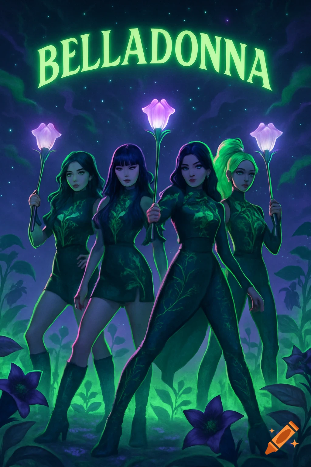 Four anime-style women in dark green outfits hold glowing flower light sticks in a mystical forest, 'BELLADONNA' text overhead.