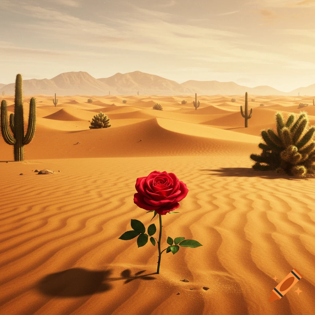 A vibrant red rose stands alone in a vast desert landscape with sand dunes and cacti under a clear sky, photorealistic.