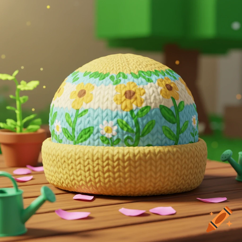 A yellow knitted hat with a blue band featuring yellow and white flowers, sitting on a wooden table with a watering can and a potted plant in a cute 3D style.
