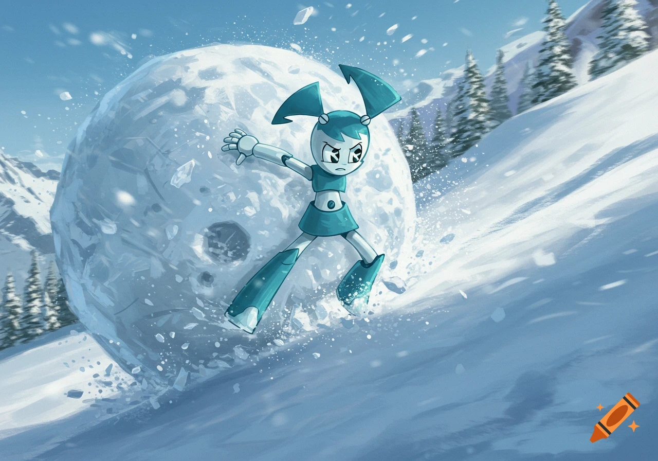 Cartoon robot character Jenny Wakeman struggles against a giant snowball rolling down a snowy mountain.