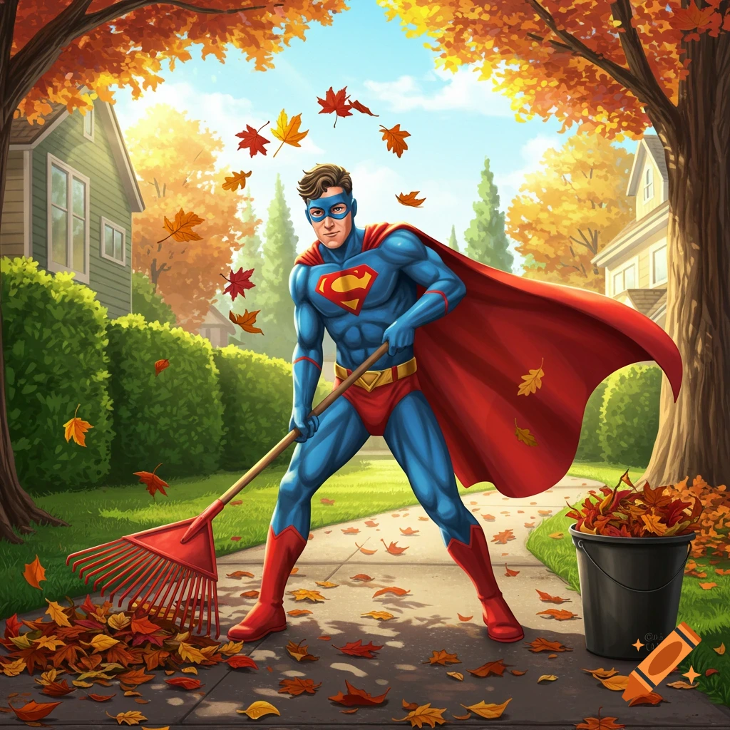 A cartoon superhero resembling Superman rakes autumn leaves on a suburban street, with colorful trees and houses in the background.