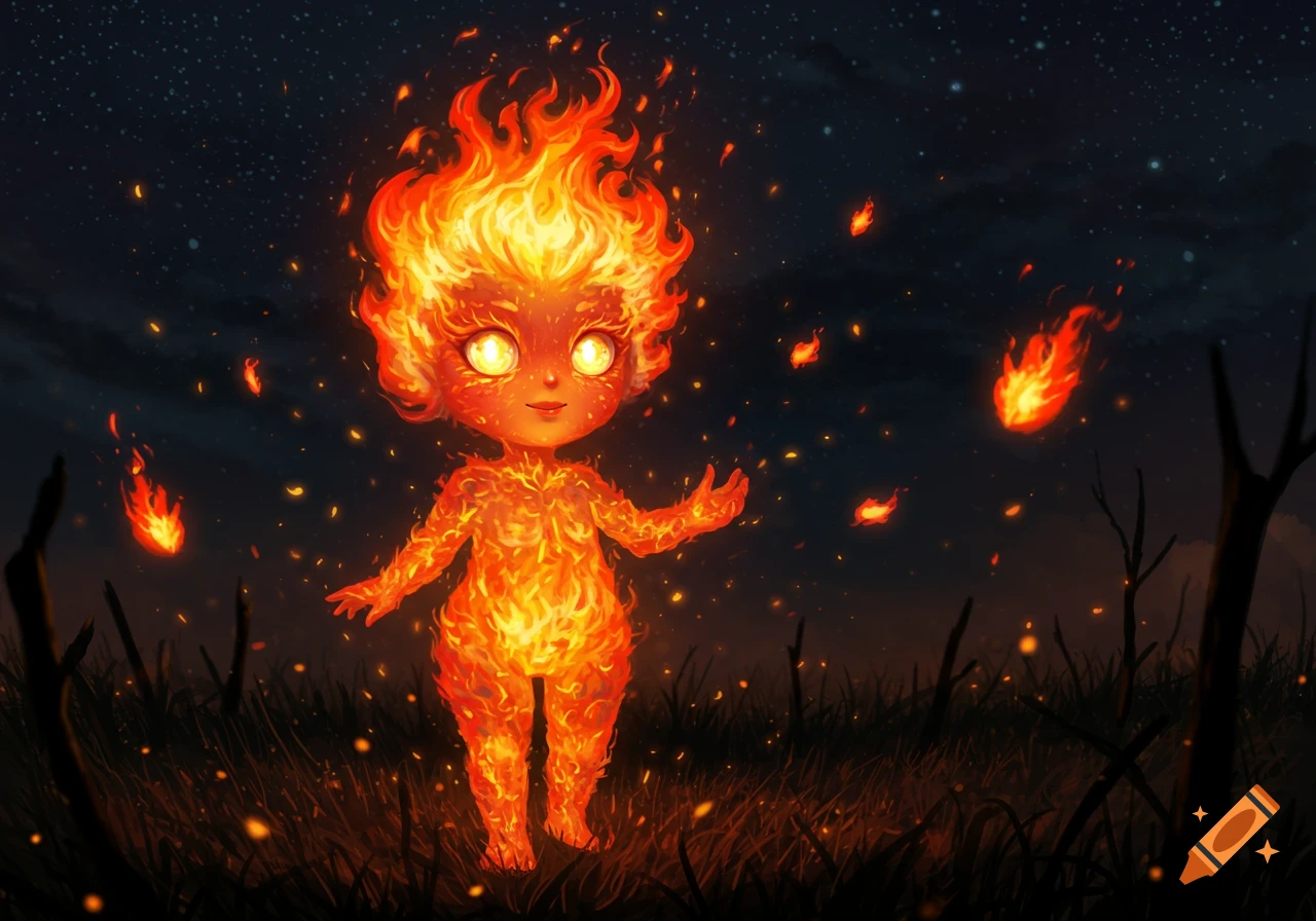 A small, cute fire elemental with glowing eyes stands in a field at night, surrounded by floating embers, in an anime style.