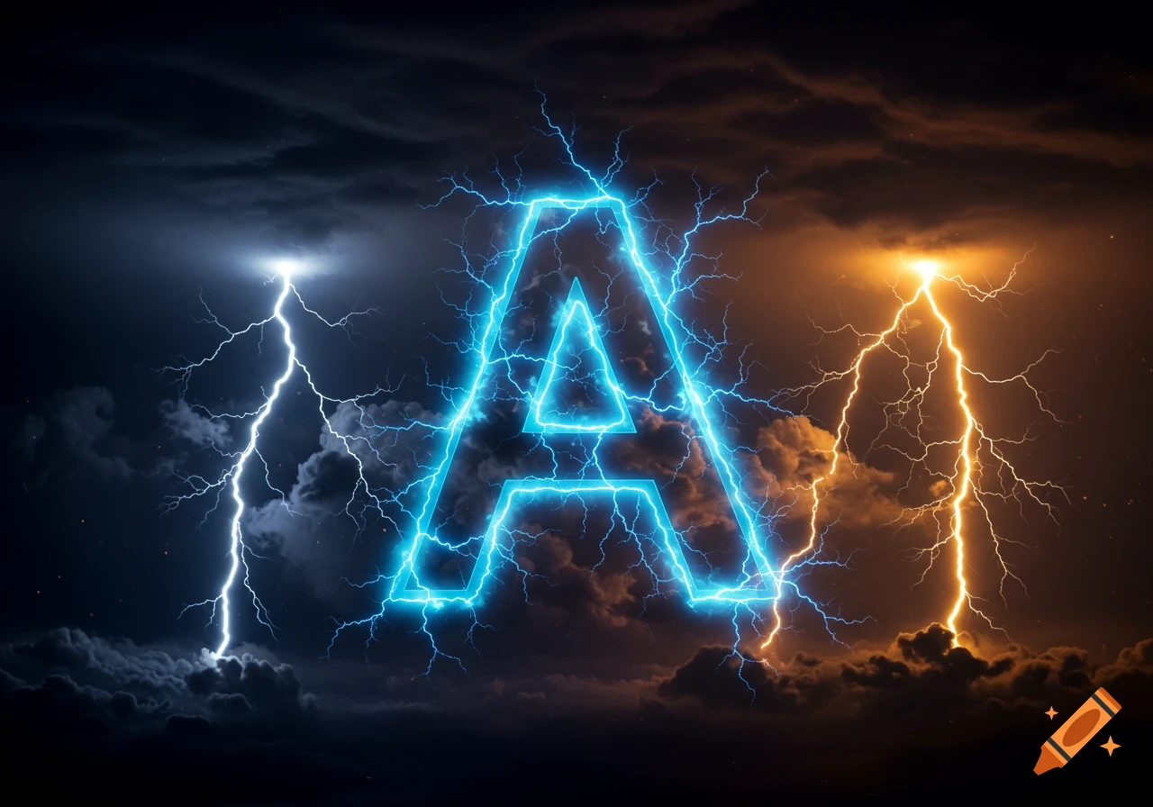 A glowing blue lightning-shaped capital 'A' against a stormy sky with white and orange lightning strikes.