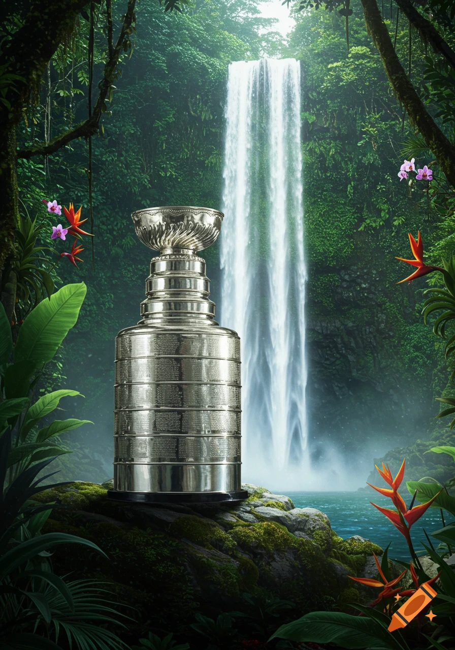 Photorealistic image of the Stanley Cup trophy resting on mossy rocks in a vibrant tropical jungle with a tall waterfall in the background.