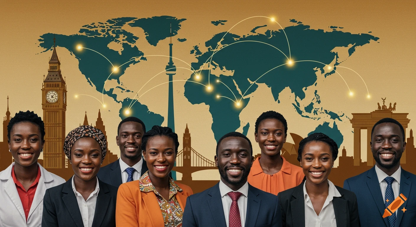 Diverse group of smiling African professionals in front of a world map with connecting lines and global city landmarks.