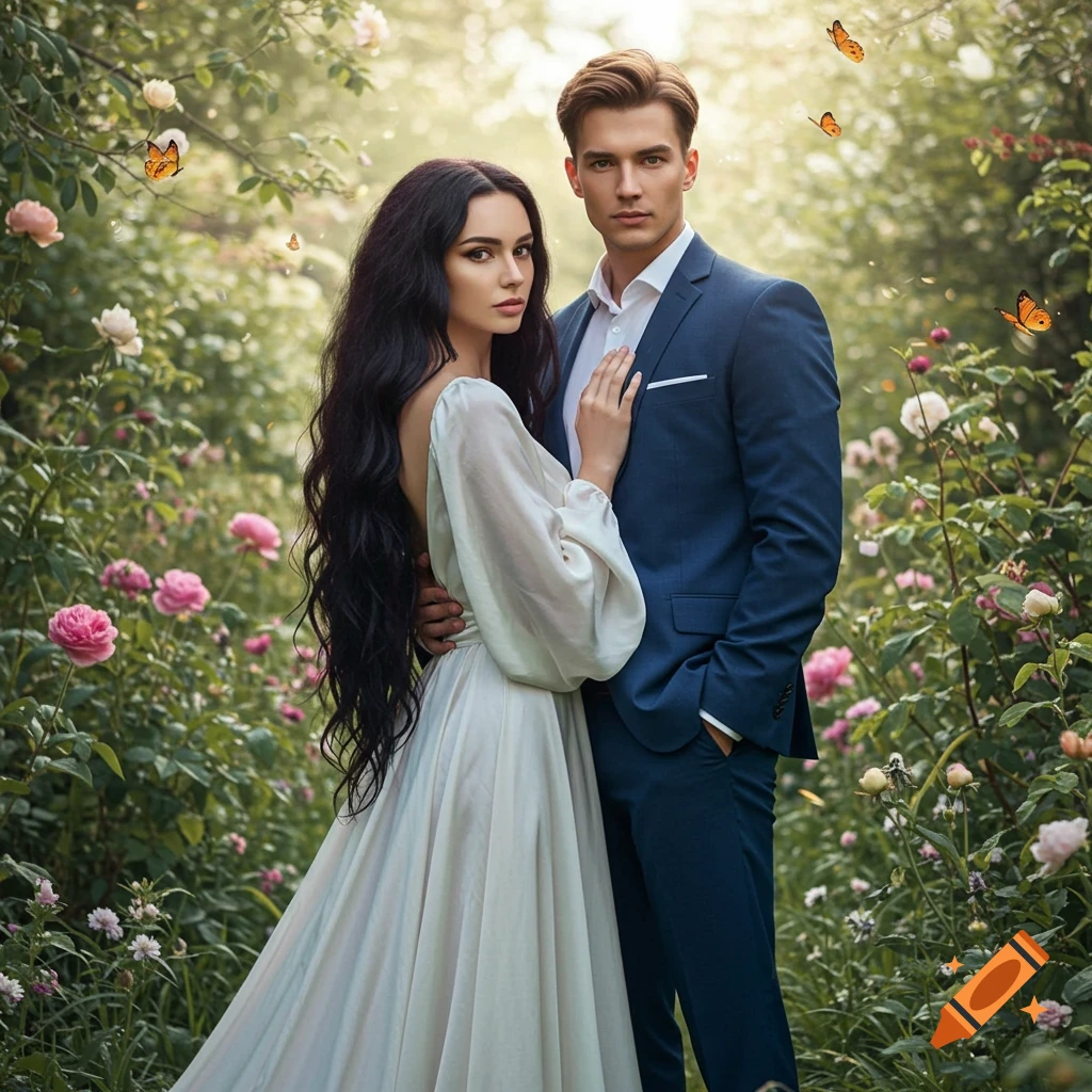 A well-dressed couple stands embracing in a lush rose garden with butterflies, looking at the viewer.