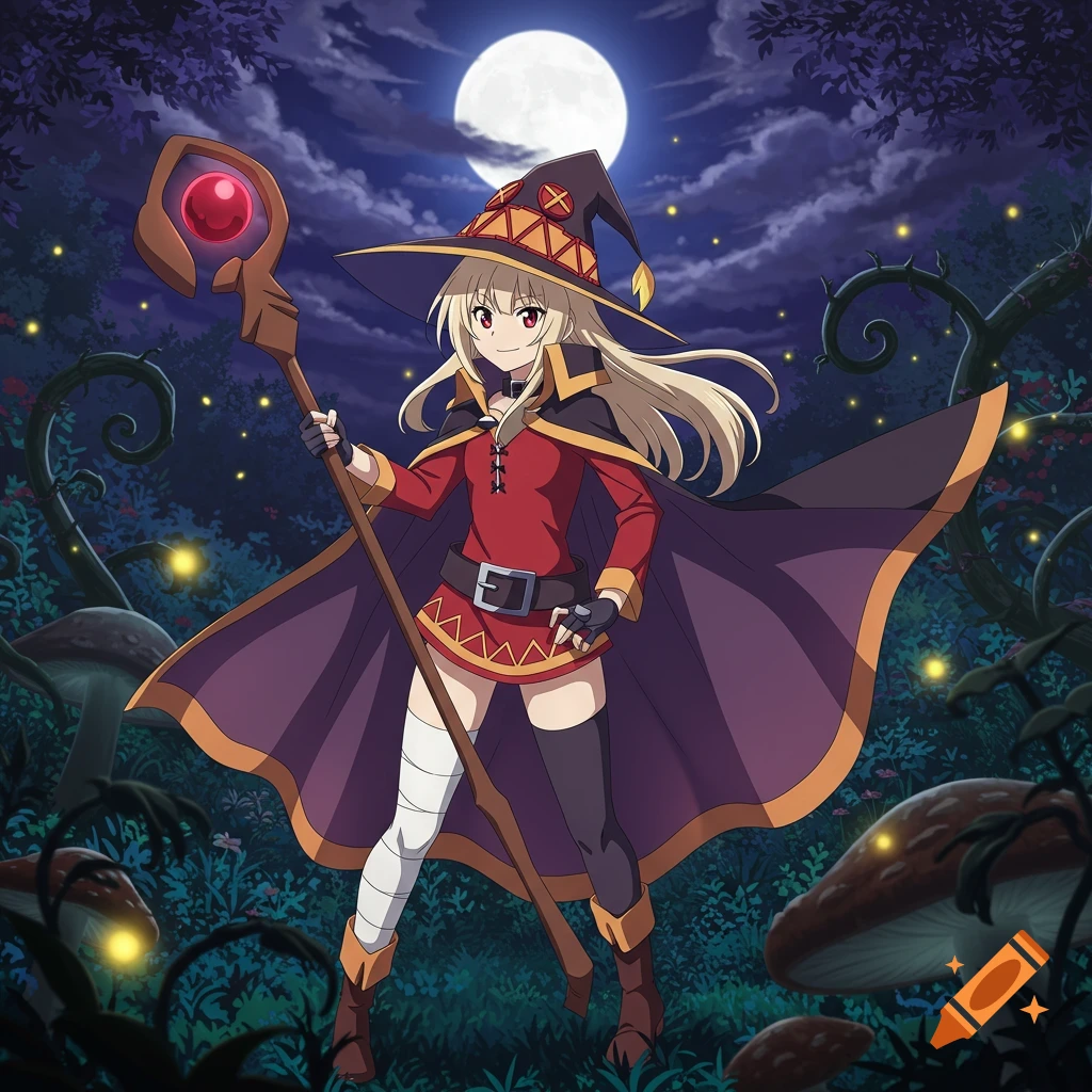 Anime character as a witch in a red outfit and cape, holding a staff, in a magical night forest under a full moon.
