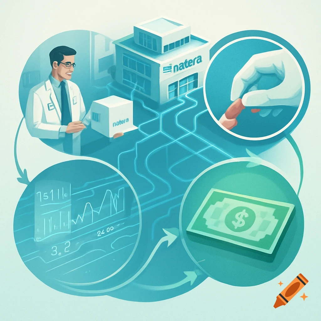 An illustration of Natera's business model with a doctor, building, sample collection, data graph, and money.