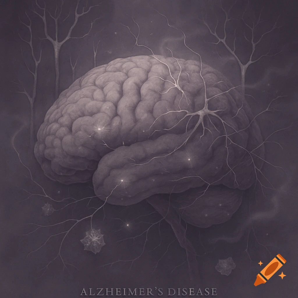 A conceptual illustration of a human brain with glowing neural connections and bare tree branches against a dark background, with "ALZHEIMER'S DISEASE" written below.