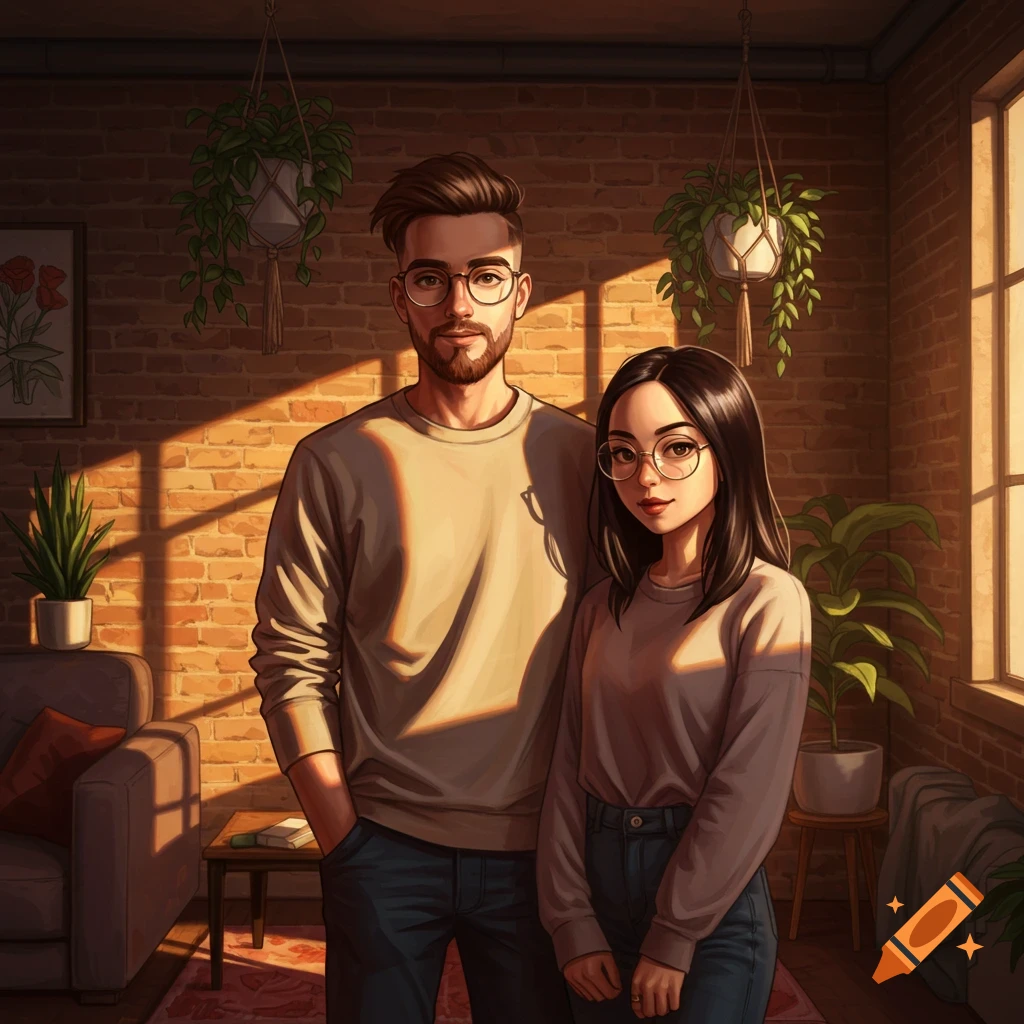 A stylized illustration of a man and woman with glasses standing in a sunlit room with brick walls and plants.