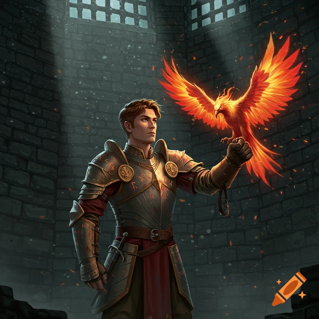 A knight in ornate armor holds a glowing orange firebird in a dark stone prison cell, lit by a beam of light from above.