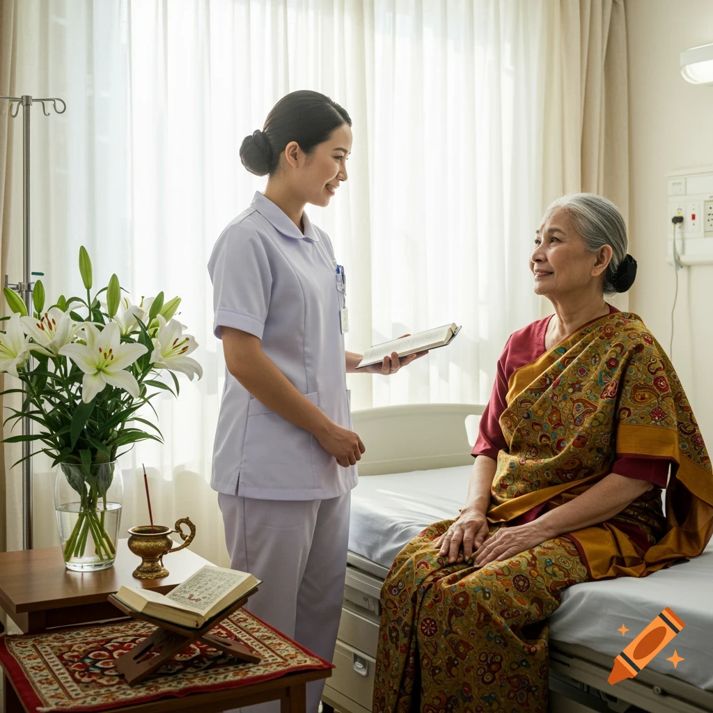 A nurse in a hospital room talks to an elderly patient sitting on a bed. Religious items are on a nearby table.
