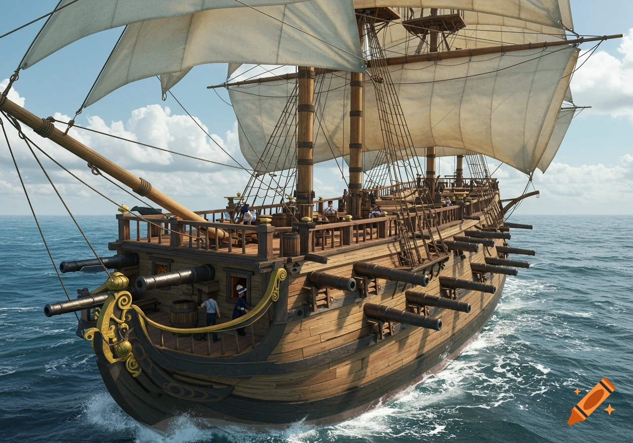Hyper-realistic 1700s warship with many cannons sailing on the open sea under a blue sky.