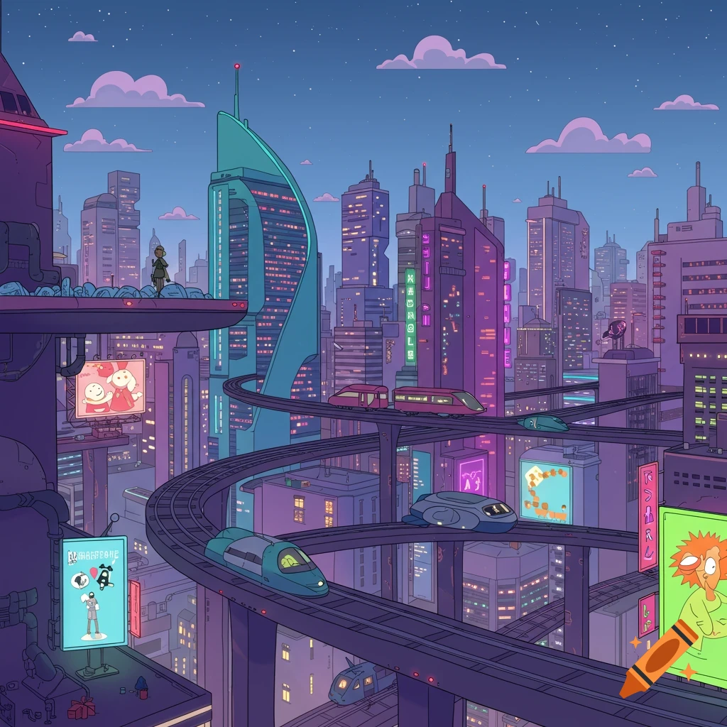 A cartoony illustration of a futuristic city at dusk, with towering purple and teal skyscrapers, elevated train tracks, and flying vehicles.