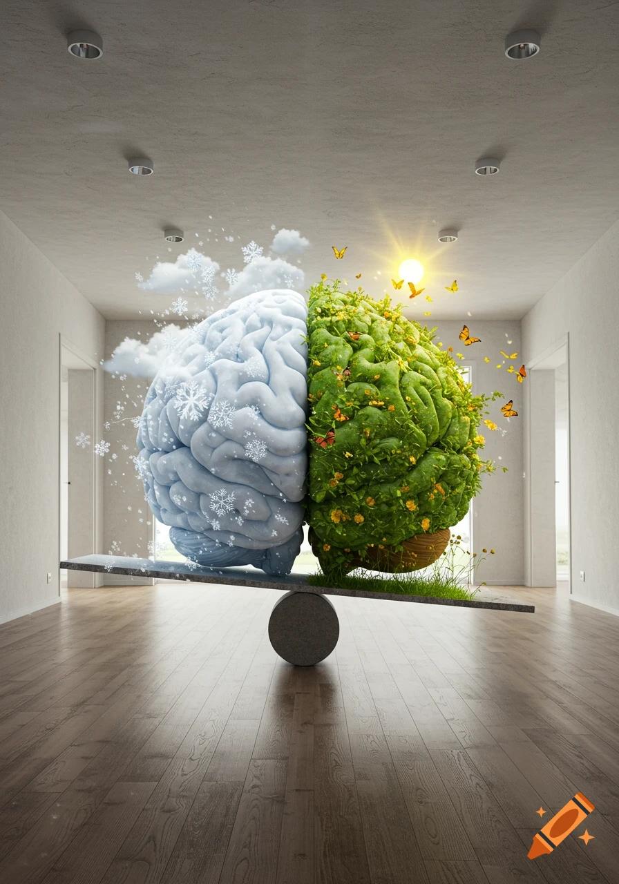 A brain, split into a snowy winter side and a vibrant summer side with butterflies and grass, balances on a teeter-totter in an empty room.