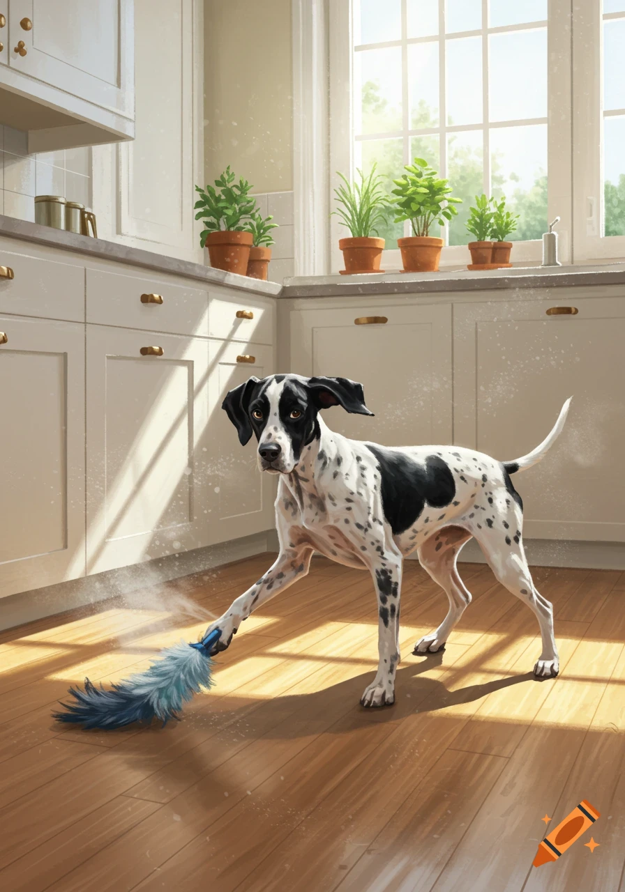A black and white English Pointer dog uses a blue feather duster to clean the wooden floor in a sunlit kitchen.